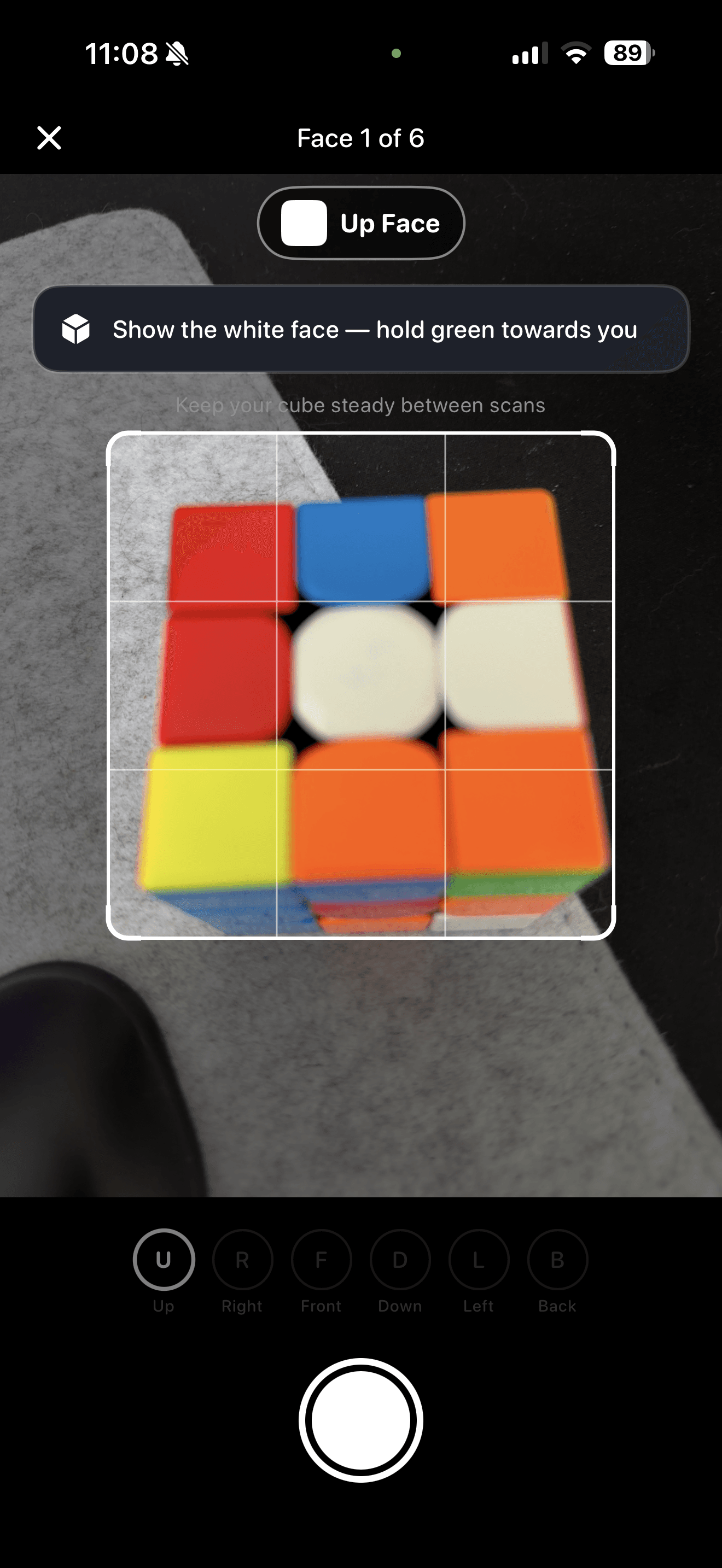 CuberPal cube scanner requesting the Up face of a Rubik’s Cube