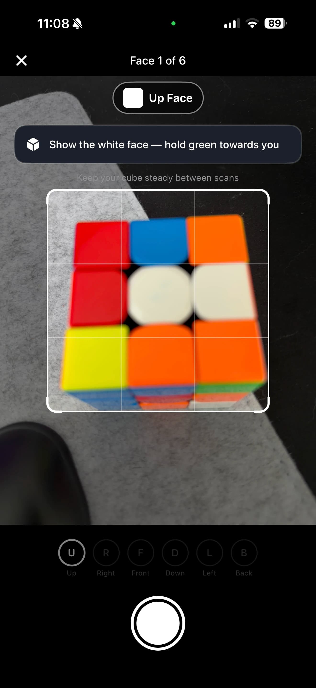CuberPal cube scanner requesting the Up face of a Rubik’s Cube