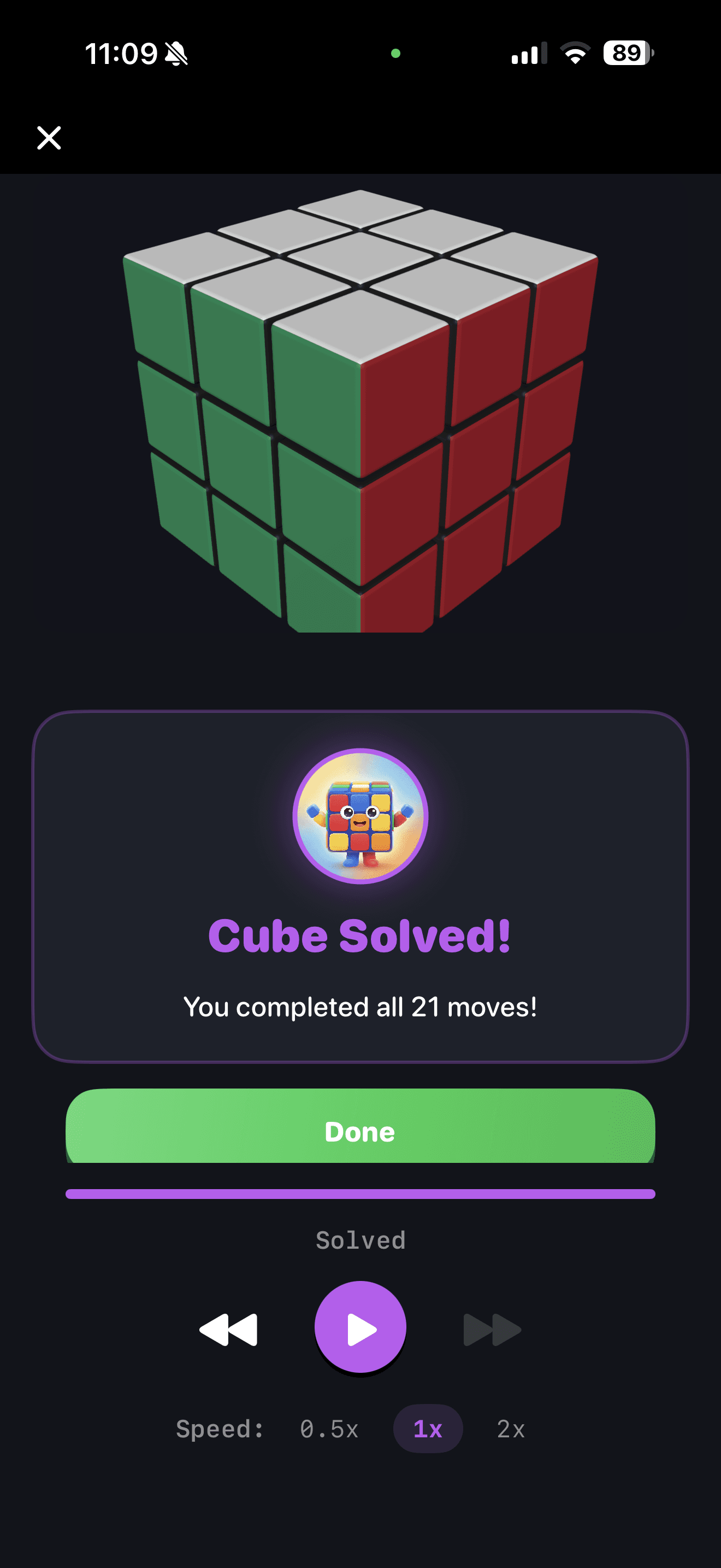 CuberPal showing a completed Rubik’s Cube solution
