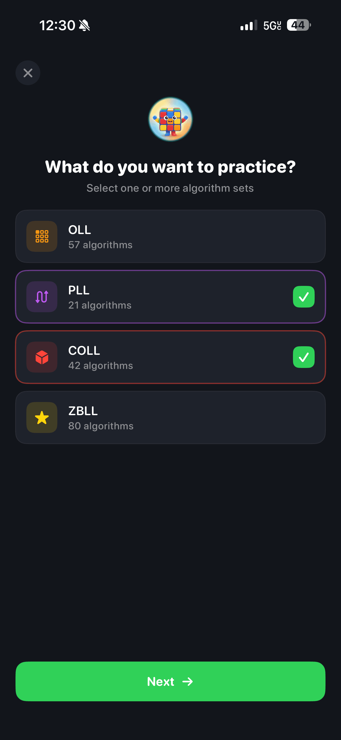 CuberPal algorithm practice category selection for speedcubing drills