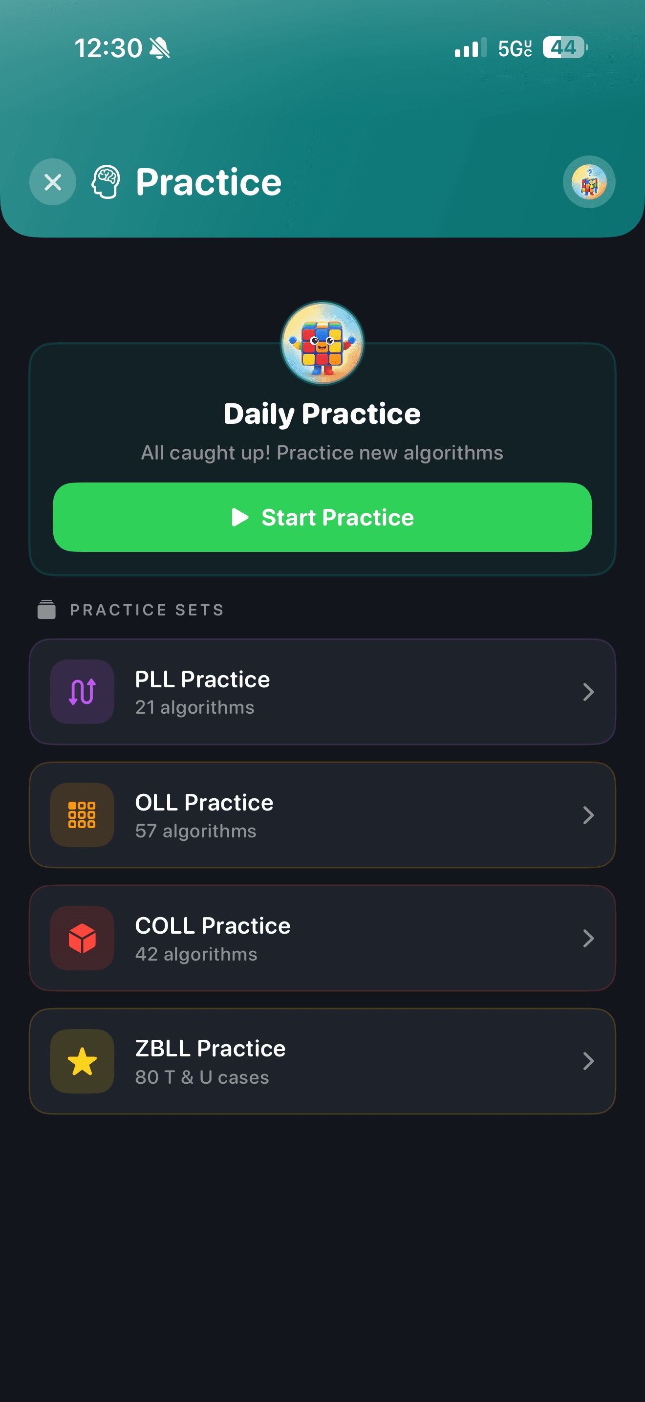 CuberPal algorithm practice home screen with daily training options