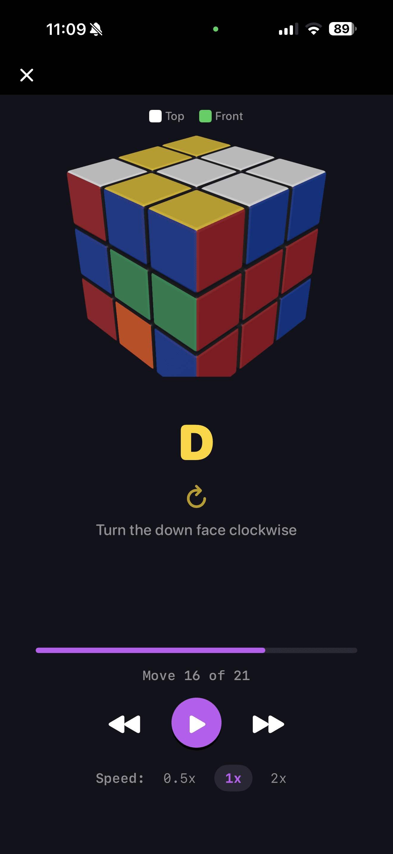 CuberPal solve playback paused on a D move with the cube state visible