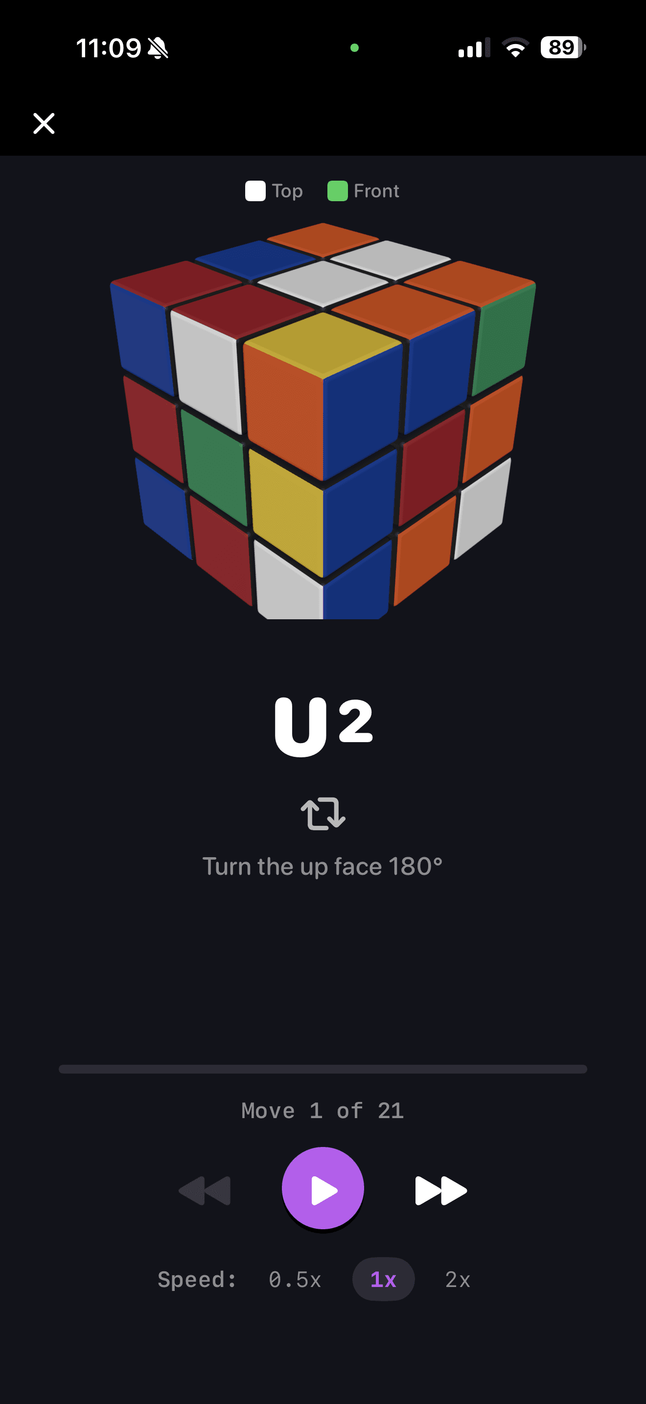 CuberPal solve playback paused on a U2 move for detailed review