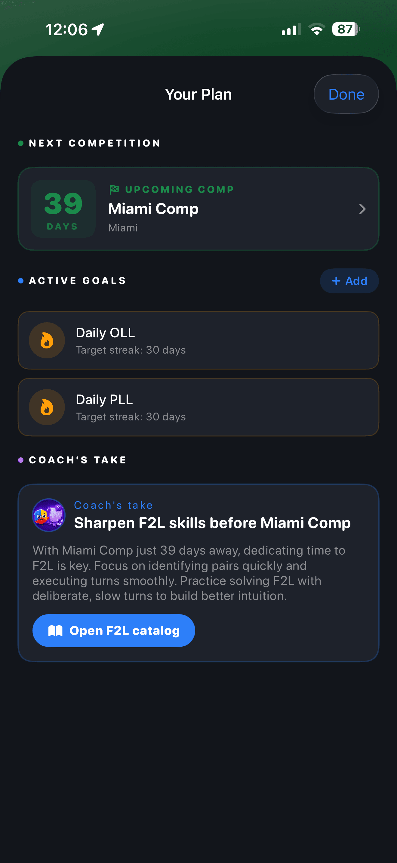 CuberPal training plan screen with speedcubing goals and practice milestones