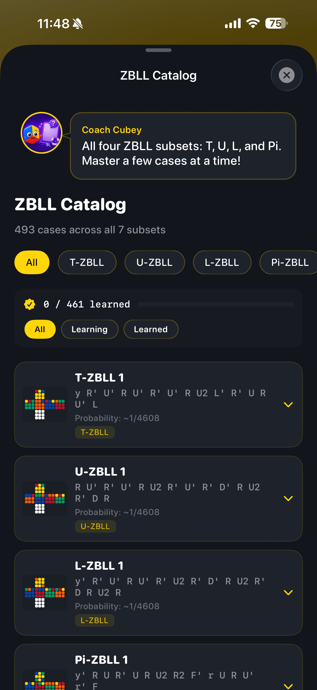 CuberPal ZBLL catalog showing a list of Rubik’s Cube cases