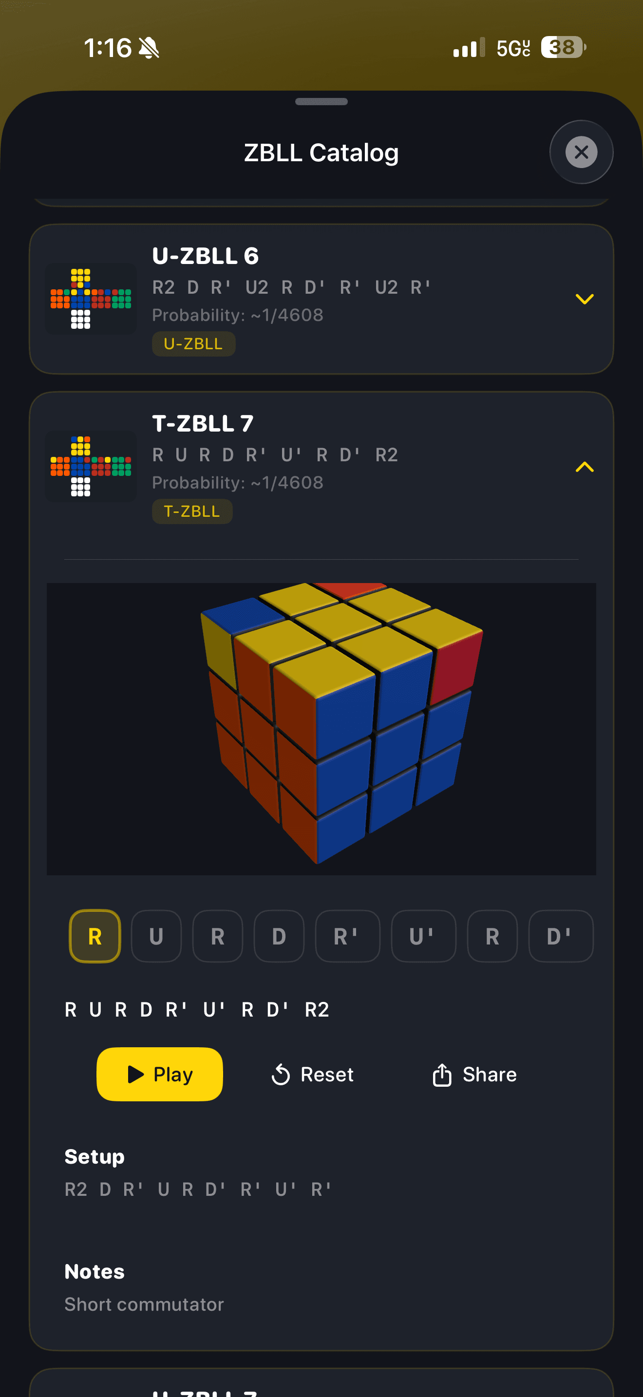 CuberPal ZBLL case with a cube diagram and algorithm details